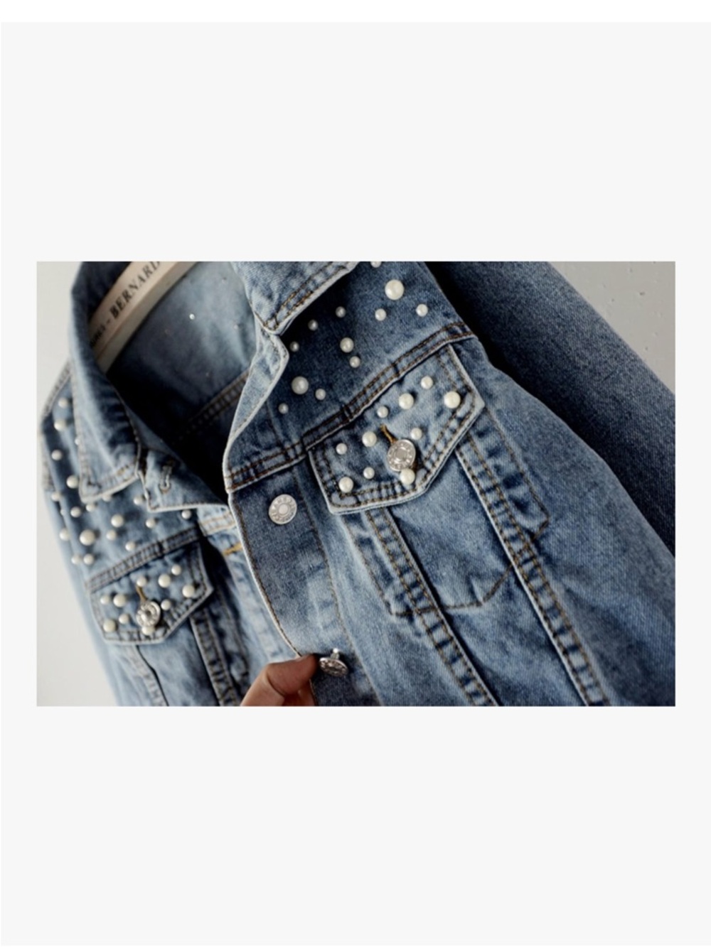 Women's Embroidered Pearl Denim Jean Jacket Coat Size S - Picture 3 of 14